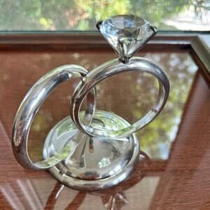Vintage Faux Diamond Engagement Ring Figurine Chrome Wedding Ring Cake Topper